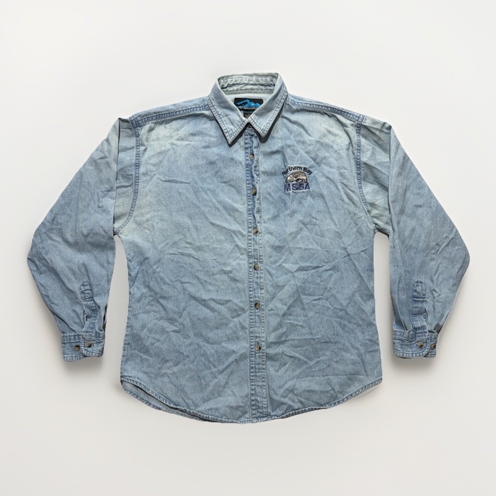 Vintage Denim Shirt Womens L Tri Mountain Light Wash Embroidered Fishing Bass